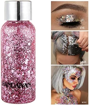Mermaid Sequins Body Glitter Gel, Make Up Long Lasting Glitter for Body Face Hair Eyeshadow, Music Festival Party Carnival Long Lasting Face Glitter, No Glue Needed and Easy to Remove. (Pink)