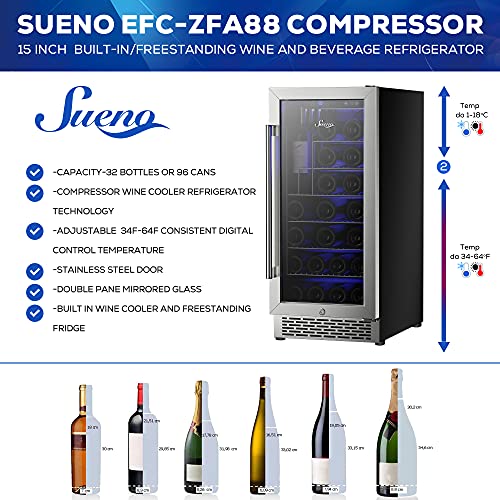 Sueno EFC-ZFA24 15 Inch Built-In/Freestanding Wine Cooler Refrigerator 32 Bottles Or 96 Cans Digital Touch Control Stainless Steel Mirror Glass Door W/Lock Temperature Memory Function Large Space Upright Storage thumb #1