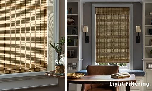 Image of LazBlinds No Tools No Drill Cordless Bamboo Roman Shades, Light Filtering Window Treatment, Roll Up Bamboo Blinds for Windows 47'' W x 64'' H, Natural 306