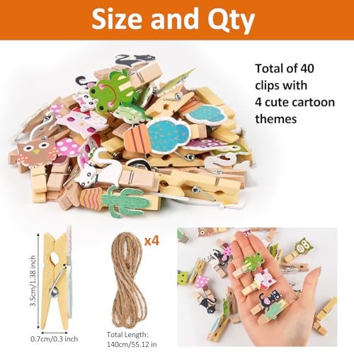 40 Stück Holzklammern Klein, 3.5cm Mini Holzklammern, Dekoklammern Mit 4 Motiv, für Fotos Bilder Collagen Postkarten Geschenke
