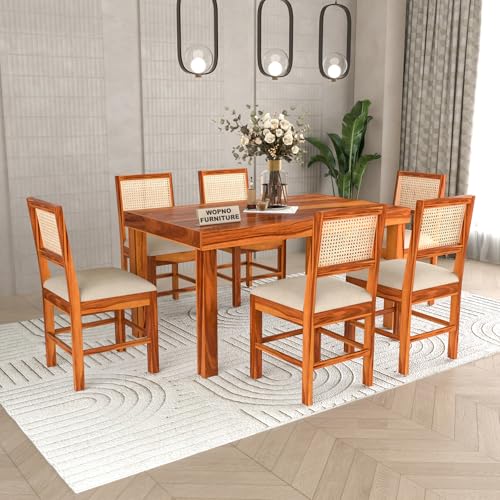 Image of Solid Sheesham Wood 6 Seater Dining Table Set with Cushioned Chairs for Dining Room | Living Room | Home & Office | Hotels Restaurant & Cafe (6 Seater, Honey Finish)