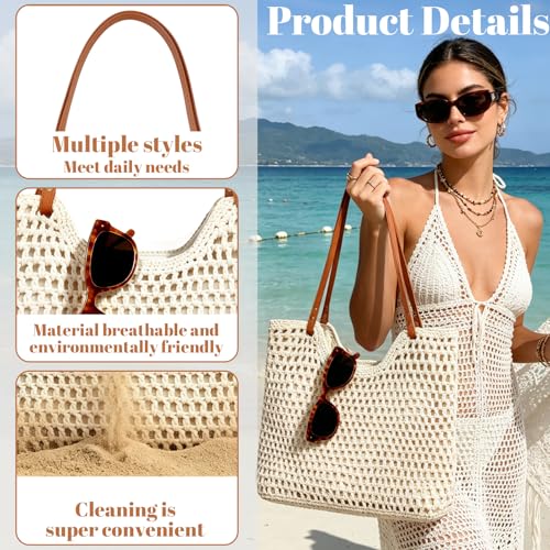 Bolso de playa grande de crochet con correa de cuero miniatura 5