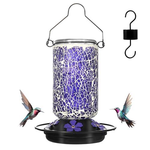 Glass Hummingbird Feeder,Purple Hummingbird Feeders for Outdoors Hanging, 19 Ounces, Mosaic Bottle Easy to Clean, 5 Feeding Ports, Ant Moat Included