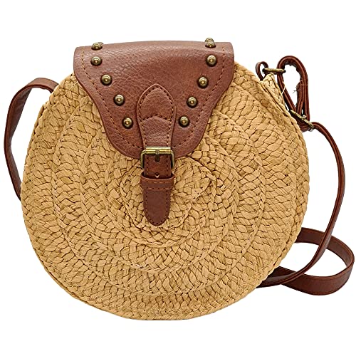 Bolso Rafia Redondo para Mujer - Bolso Bandolera Verano Tejido a Mano - Estilo Bohemio - Bolso de Paja Mujer Cover