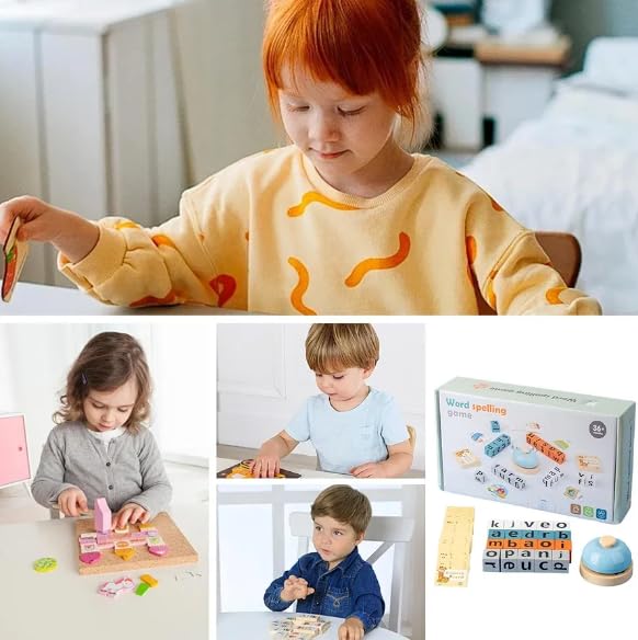 Image of Kiddie Galaxia Wooden Alphabet Spelling Game Montessori Learning Toy for Kids Educational Game for Word Building, Spelling & Early Aducation Toy 3+ Years 20 Letter Cubes 64 Flashcards 1 Bell