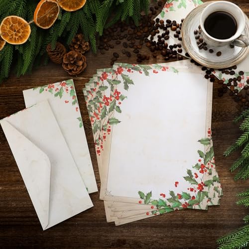 Weekgrat 80 Sets Christmas Stationery Paper with Envelopes 8.5 x 11 Inch Christmas Holiday Paper Envelopes for Holiday Events Notes Invitation Office(Falling Holly) - Image 3