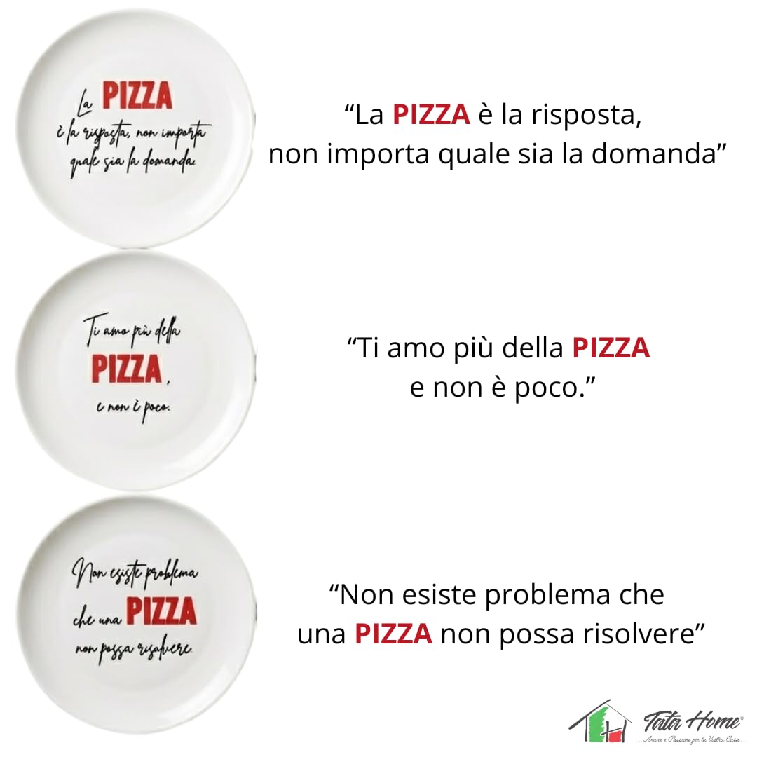 Tata Home Set 6 Piatti per Pizza Grandi con Decorazioni Scritte e Frasi Moderni in Porcellana Mod. Happy Shabby