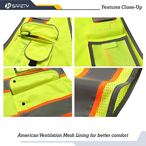 Image of JKSafety 9 Pockets Hi-Vis Neon Yellow Zipper Front MESH Safety Vest with Fluorescent Orange Extend Edge outlining the Reflective Tapes Meet ANSI /ISEA Class 2 Standard (100-Yellow, L)