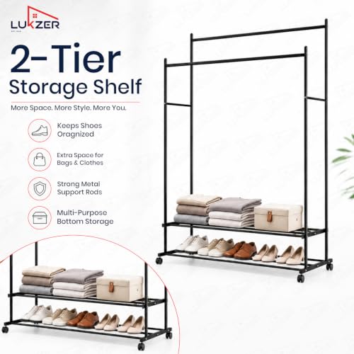 Image of Lukzer Double Rod Metal Garment Stand with Wheels & 2-Tier Storage Organiser Shelves, Portable Clothes Rack and Coat Hanger With Shoe Rack for Bedroom, Entryway & Boutique (Black /109 x 48 x 158 cm)