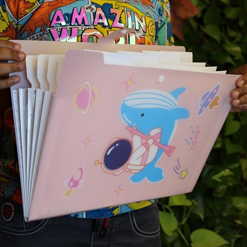 Image of SPS A4 Expanding File Folder - Pack of 4 | Space Theme | 5 Pockets | Pastel Colors - Blue, White, Green, Pink | Snap Button Closure | Fits A4 & Letter Size | Fun & Kid-Friendly