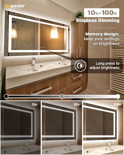 Ensenior LED Bathroom Mirror 72"x36" with Front and Backlight, Stepless Dimmable Wall Mirrors with Anti-Fog, Shatter-Proof, Memory, 3 Colors, Modern LED Vanity Mirror-ETL & FCC