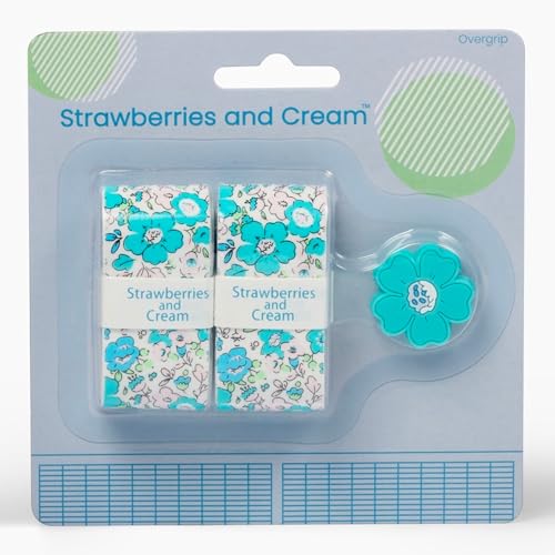 Strawberries and Cream Tennis Tape & Dampener Set - 2 Tacky 45” Long x 0.98” Wide Racket Handle Overgrips & 1 Matching Ping Dampener, Turquoise Anneliese Pattern