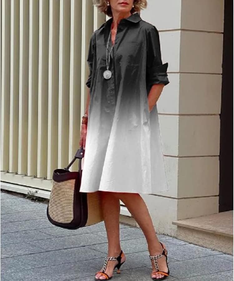 Womens 2025 Long Sleeve Button Down Shirt Summer Dress Casual V Neck Loose Fit Midi Shirt Dresses with Pockets - Image 2