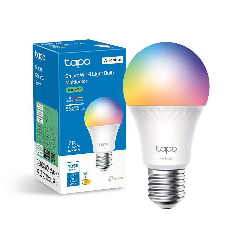 Tapo L535E Matter Lampadina WiFi Intelligente LED Smart Multicolore, E27 Lampadina Compatibile con Alexa e Google Home, 1055 lm, 8.6W, Monitoraggio Energetico, Controllo Remoto Tramite APP