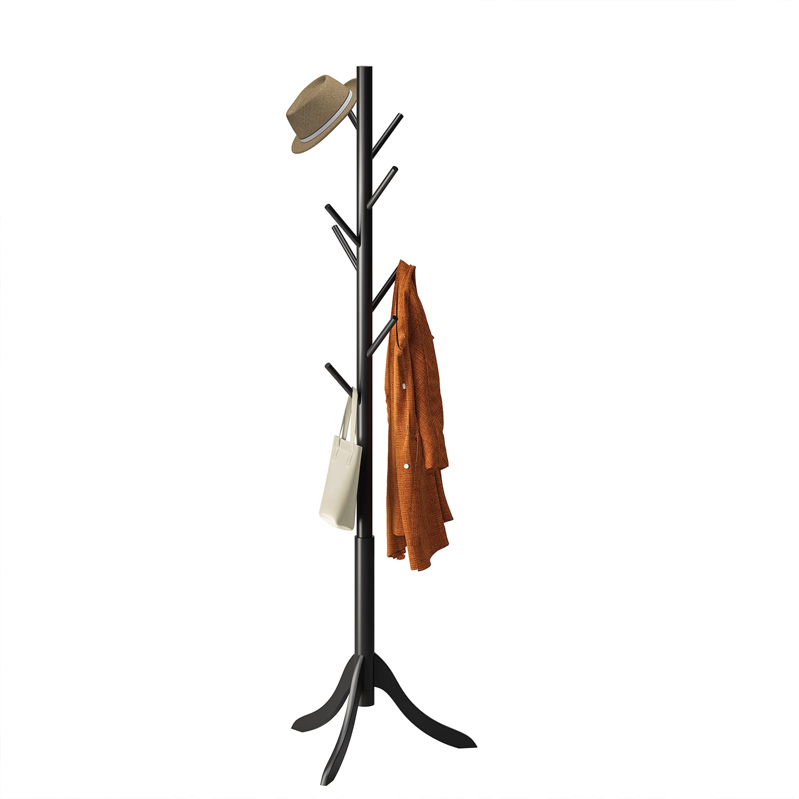 Coat Rack Freestanding, Coat Stands Entryway, Bamboo Coat Rack Hat Hanger 8 Hook for Jacket, Purse, Scarf Rack, Umbrella Tree Stand (Black)