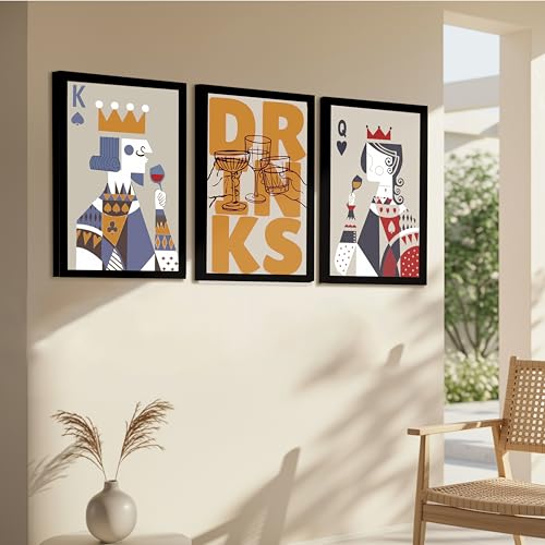 Image of PAINTINGMANTRA Poker King Queen Retro Graphic Framed Poster for Living Room inchDrinks inch Retro Framed Painting for Home Decor Bar Pub Lounge Dining area restaurant Hotel Set of 3, Size 33x45 cm