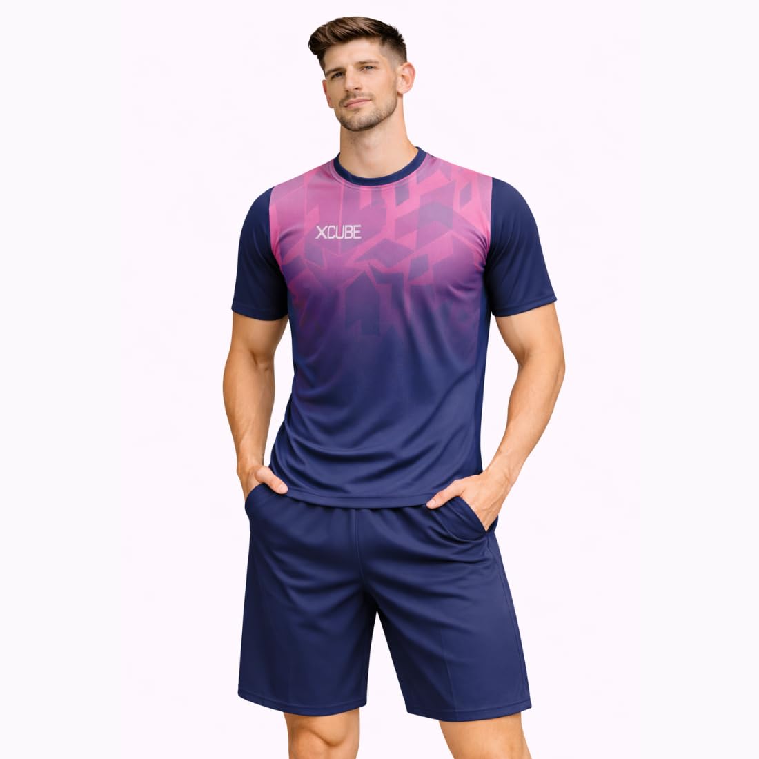 Geometric Pattern Sports Jersey Set, Navy Blue with Pink Gradient, Sublimation Print T-Shirt and Shorts, Sportswear, Gymwear-image-18