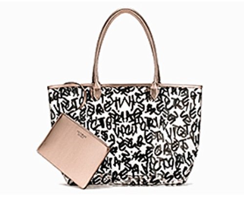 VICTORIA SECRET GRAFFITI TOTE WITH MATCHING GOLD MAKEUP BAG TOTE BAG BEACH BAG JELLY TOTE