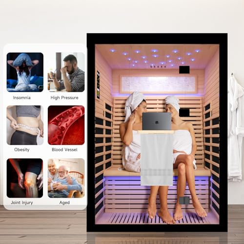 Image of OUTEXER 2 Person Infrared Sauna Room Far Infrared Saunas Home Canadian Hemlock Indoor 2100W Low-EMF Dry Saunas with Oxygen Bar 7 Color Therapy 53.1 * 47.2 * 74.8inch