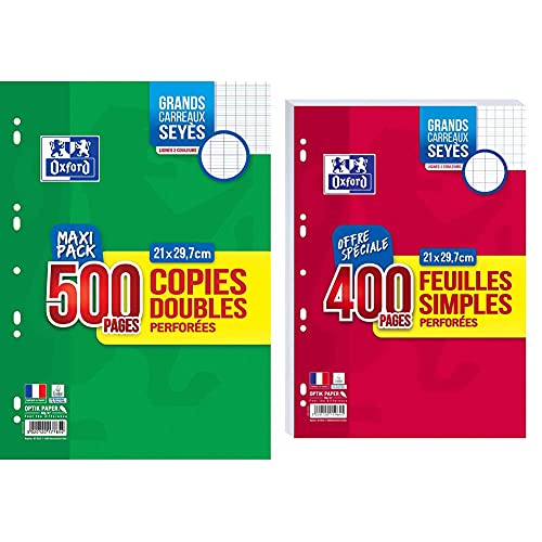 Oxford Copies Doubles 500 Pages A4 Perforées 90g Grands Carreaux Seyes & Lot de 400 Pages Feuilles Simples Grands Carreaux Seyès Format A4 (21x29,7cm)...