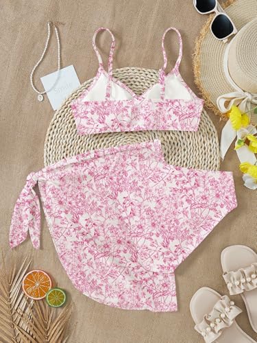 Image of RoseSeek Girls 3 Piece Bikini Set with Beach Skirt Floral Leopard O-Ring Padded Swimsuit for Teen Girls