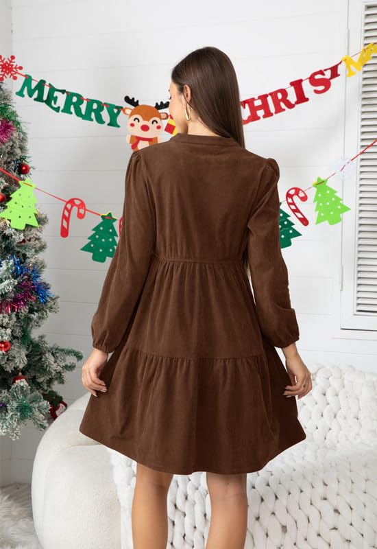 Alaster Queen Damen Herbstkleid Herbst Winter Kleid Langarm Volant Blusenkleid Damen Strickkleid Mit Taschen V-Ausschnitt Knielang Kleid Festlich Elegant Autumn Dress