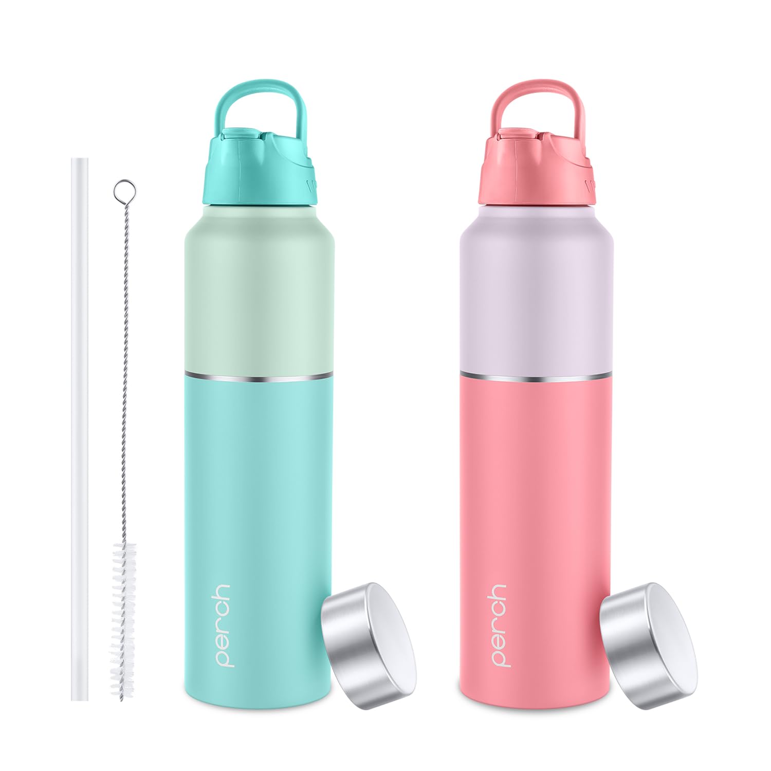 Perch Magic Stainless Steel Water Bottle Set of 2 (1 Ltr) | ISI Certified | Single Wall Fridge Bottle | Sipper Cap & Straw | BPA Free | Leak Proof | for Home, Office, Gym & Travel | Crafted by Pexpo