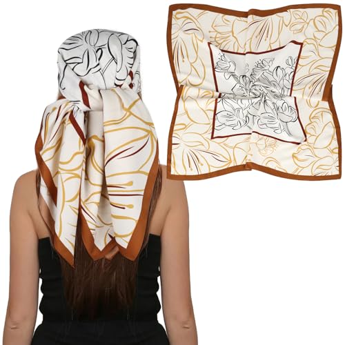 EXTREE Women's 35 inch Fashion Headscarf Silk Satin Scarf for Hair Wrapping at Night Bandana Square Scarf for Sleeping Beige Buds