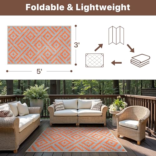 Image of GENIMO Fall Decor Outdoor Rug 3'x5' for Porch, Plastic Door Mat Orange Grey