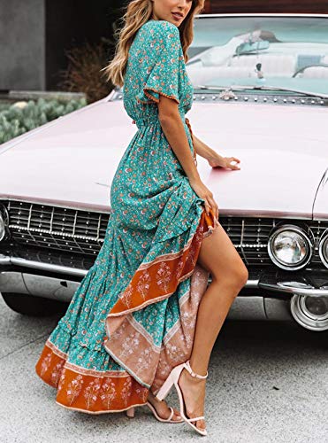 R.Vivimos Women's Summer Boho V Neck Button Up Short Sleeve Bohemian Print Ruffle Hem Beach Style Long Maxi Dress Vacation Dress(Small,Green) - Image 5
