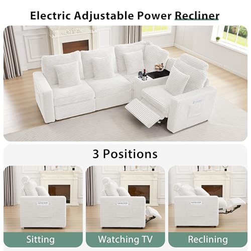 Image of RARZOE Modular Sectional Sofa with Power Recliner, 4-Seater L-Shaped Corduroy Reclining Couch with Storage Console Charging Cup Holders, Fluffy Recliner Sectional Couches for Living Room,White