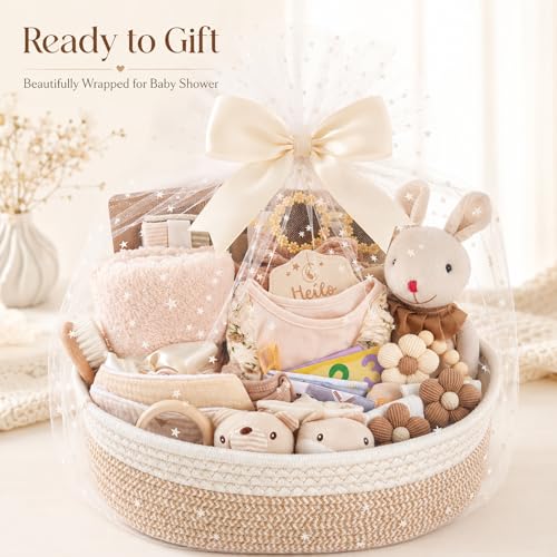 Image of Ultimate Baby Girl Gift Basket, Aesthetic Boho Chic Newborn Essentials, Premium All-in-One Baby Shower Gifts for Expecting Moms with Floral Skirt, Swaddle, Diaper Caddy Organizer