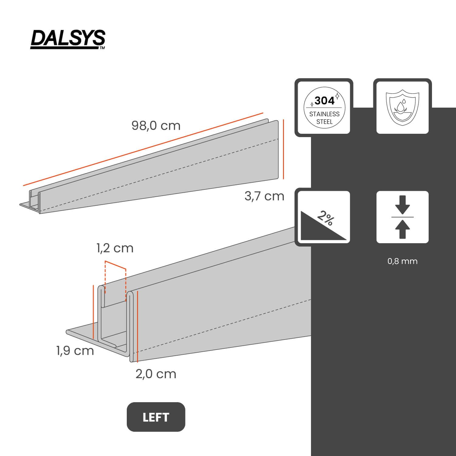Cuña de pendiente ducha, izquierda 98cm, 19mm Altura Plata | Perfil de pendiente de acero inoxidable V2A, perfil en cuña, perfil en U para vidrio, soporte de vidrio