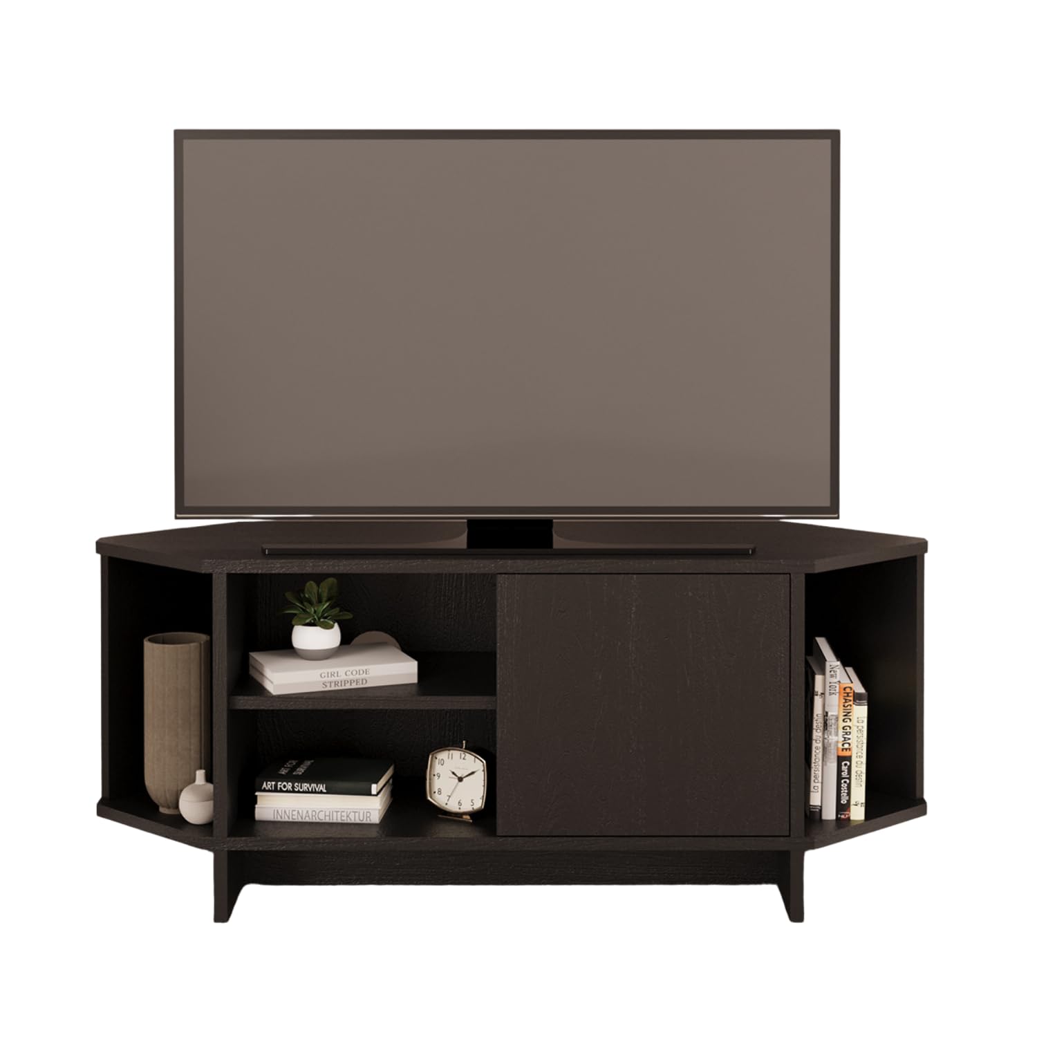 Bimossa Teo Corner TV Stand – Space-Saving TV Unit for 43–48'' TVs, Compact Media Console with Open Shelves & Cabinet, Ready to Assemble, Available in 5 Colours (Black)