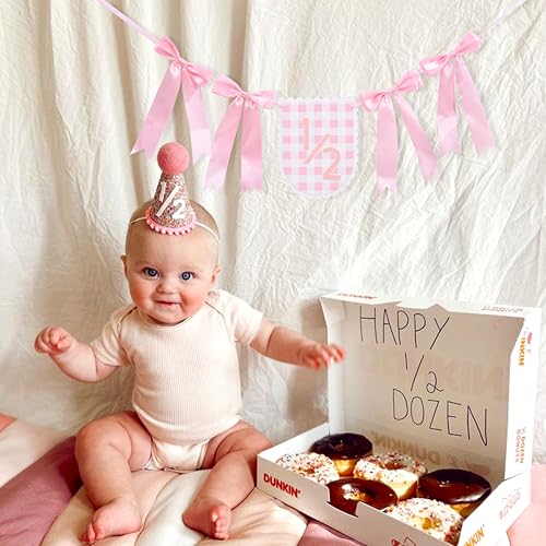Image of Pink Ribbon Bow 1 /2 Birthday Banner - Sweet 6 Months Birthday Party Decorations,Pink White Gingham Bow Bohemian Garland,Half Way to One Cake Smash,Scalloped Banner Photo Props