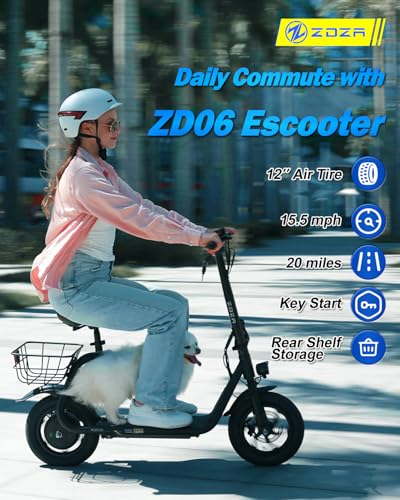 Electric Scooter with Seat ZD06, 800W Peak Motor, 20 Mile Range & 15.5 Mph, Key Start, Foldable E-Scooter with Carry Basket for Pets & Cargo, Electrically-Powered Motor Scooters