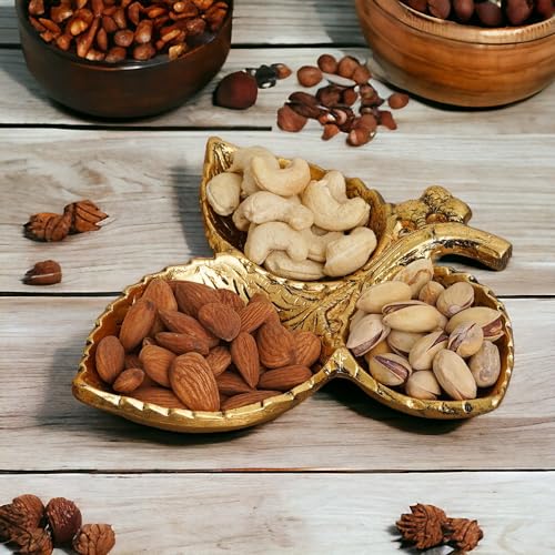 Image of KridayKraft Hand Crafted Metal 3 Part Leaf Shape Tray Perfect for Home Centre Table Serving Dry Fruits (Golden, Pack of 1)