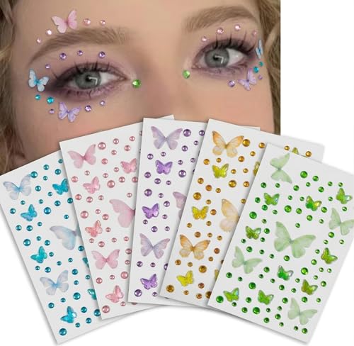 BelleOnyx Face Gem Stickers for Crafts 5 Sheet 3D Butterfly Self Adhesive Rhinestones Sticker for Women Gem Stickers for Scrapbooking Nails Face Makeup Laptop Cup Decoration