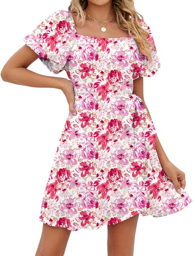 Image of Sampeel Womens Summer Dresses Square Neck Puff Sleeve Tie Waist Short Dress