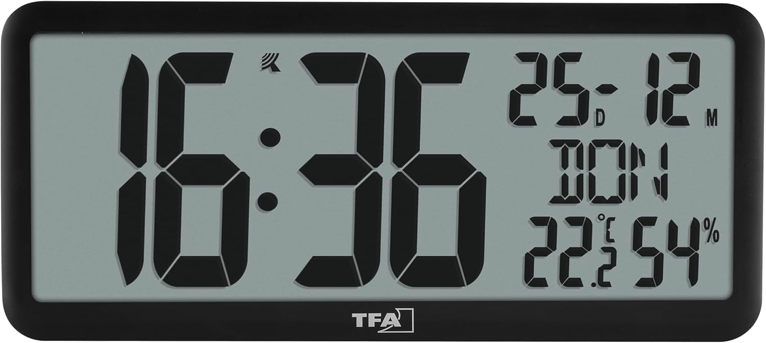 TFA Dostmann Reloj de pared digital con números XXL, 60.4525, reloj con temperatura y humedad en el interior, con calendario, perfecto para oficina, personas mayores, cocina, radio reloj, con función