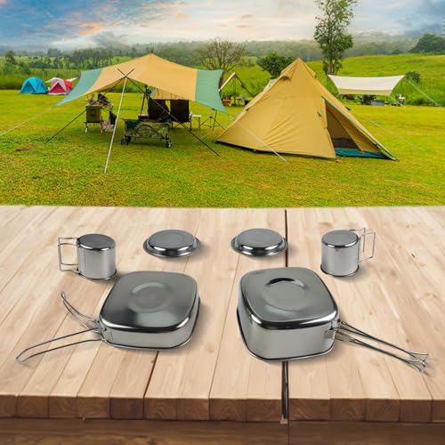 Juego de utensilios de cocina para camping de acero inoxidable, set apilable con olla, sartén, platos y tazas para actividades al aire libre como senderismo y picnic miniatura 5