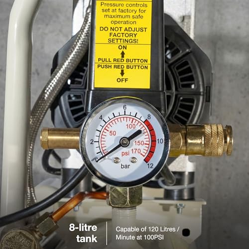 Hyundai Low Noise Electric Air Compressor, 550W Air Compressor, 4CFM, 100PSI Oil Free Air Compressor, 8 Litre Tank Capacity, 2 Year Warranty, Quick Release Fittings UK 13 Amp Plug, White - 2