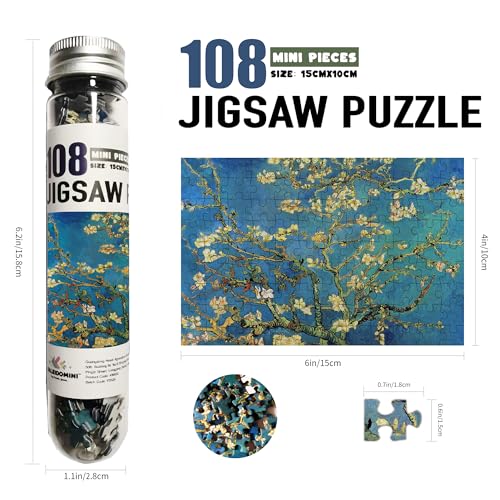 Rompecabezas Kaleidomini de 108 piezas para adultos - Serie de pinturas al óleo de Van Gogh (La noche estrellada, Floración de almendros, Noche estrellada sobre el Ródano), 3 paquetes, rompecabezas miniatura de 6 x 4 pulgadas miniatura 4