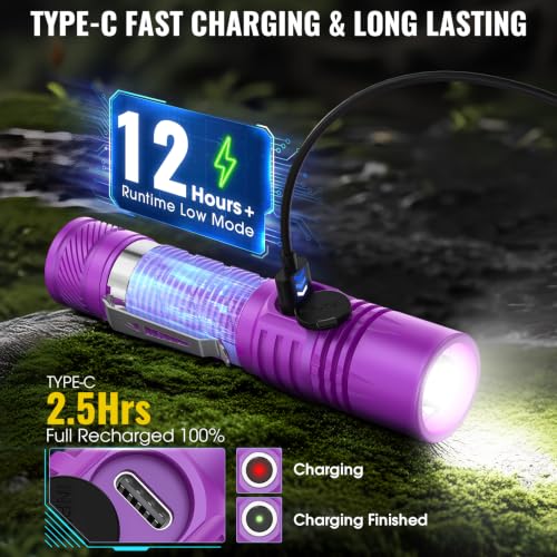 Image of Banral Rechargeable Small Powerful Flashlights, Pocket Mini LED Flash Light | Compact EDC, USB-C Rechargeable, 12H Runtime, 4 Modes Zoomable, Memory Function, Waterproof for Home, Camping, Emergency, Car