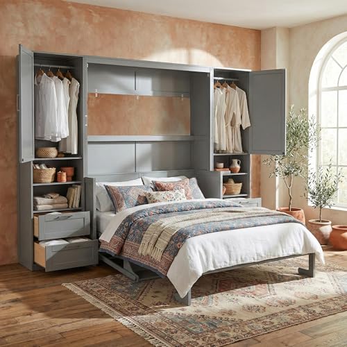 Image of Merax Queen Size Murphy Bed with Desk, Multifunctional Foldable Wall Bed with Closet, Drawers and Shelves, Space-Saving Wood Platform Bed Frame for Small Spaces Studio Study Office Guest Room, Gray