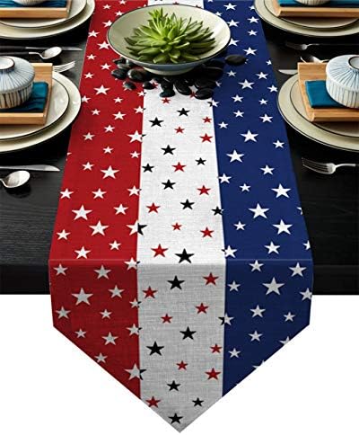 Independence Day Table Runner with Cotton Linen Blend,July 4th Red White Blue Table Top Covers Table Runner Decorations for Indoor Outdoor Party Holiday Wedding Dining Table-13 x 70inch Long