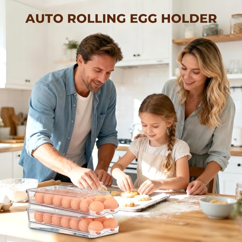 Egg Holder for Fridge,Automatic Rolling Egg Container for Refrigerator,Clear Stackable Egg Organizer with Removable Lid  - Additional View
