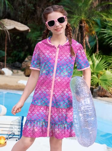 Image of BesserBay Girls Summer Beach Quick Dry Cover Up Ruffle Hem Terry Smocked Hooded 4-14 Years with Pockets