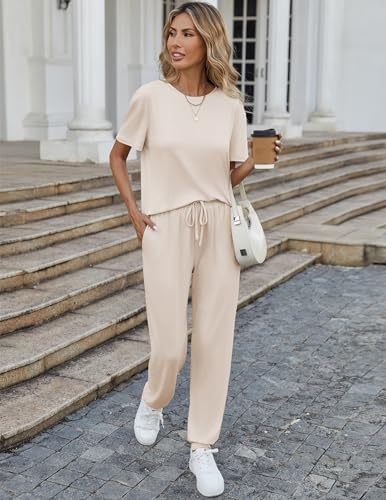 Ekouaer 2 Pack Womens Pajama Sets Short Sleeve Tops Jogger Pants Lounge Sets Soft Loungewear Printed Pj with Pockets2