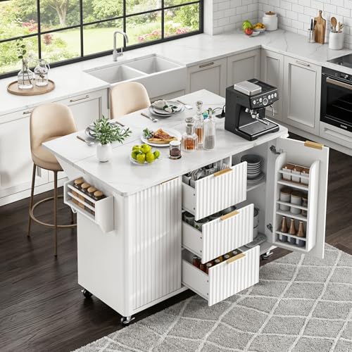 Yayzy Rolling Kitchen Island with Drop Leaf, Power Outlet &